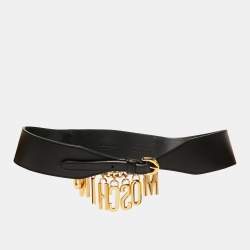 Pre Owned Moschino Black Leather Logo Charm Waist Belt 70CM