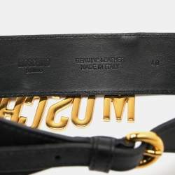 Pre Owned Moschino Black Leather Logo Charm Waist Belt 70CM