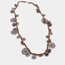 Pre Owned Moschino Brown Braided Charm Detail Long Necklace