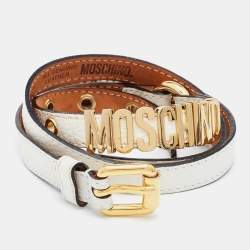 Pre Owned Moschino Off White Leather Logo Buckle Waist Belt 100CM
