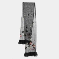 Moschino Black Floral Embroidered Mesh Ruffled Stole