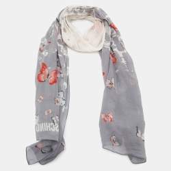 Pre Owned Moschino Grey & White Butterfly Printed Silk Scarf
