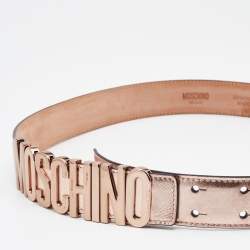 Pre Owned Moschino Rose Gold Leather Classic Logo Belt 90CM