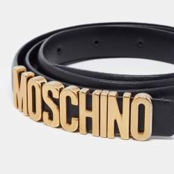 Pre Owned Moschino Black Leather Skinny Logo Belt 75CM
