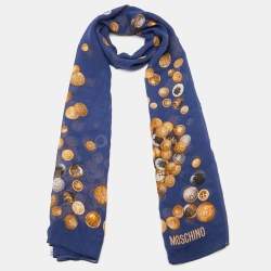 Pre Owned Moschino Navy Blue Coin Printed Silk Scarf
