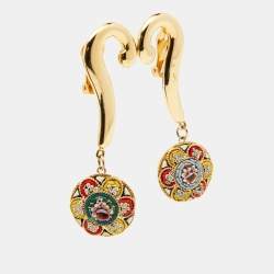Pre Owned Moschino Gold Tone Metal & Multicolor Stone Clip On Drop Earrings