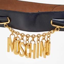 Pre Owned Moschino Blue Leather Logo Charm Waist Belt 70CM