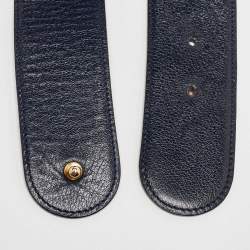 Pre Owned Moschino Blue Leather Logo Charm Waist Belt 70CM