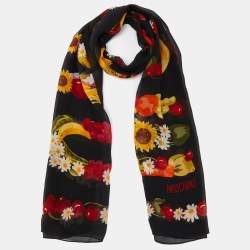 Pre Owned Moschino Black Floral Logo Print Silk Stole