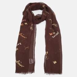 Moschino Larioseta Brown Text Embroidery Silk Blend Scarf