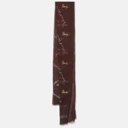 Moschino Larioseta Brown Text Embroidery Silk Blend Scarf