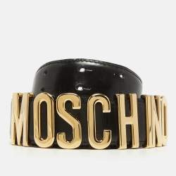 Pre Owned Moschino Black Glossy Leather Classic Logo Waist Belt 