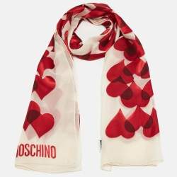 Moschino Larioseta Red Hearts Satin Trim Silk Scarf