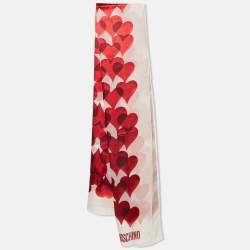 Moschino Larioseta Red Hearts Satin Trim Silk Scarf