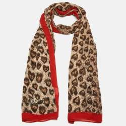 Pre Owned Moschino Larioseta Brown/Red Leopard Print Silk Scarf