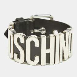 Pre Owned Moschino Black Leather Classic Logo Buckle Bracelet 