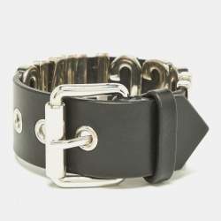 Pre Owned Moschino Black Leather Classic Logo Buckle Bracelet 
