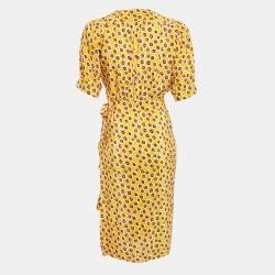 Pre Owned Moschino Yellow Printed Crepe Faux Wrap Midi Dress M