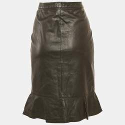 Pre Owned Moschino Brown Leather Flounce Hem Knee Length Skirt L