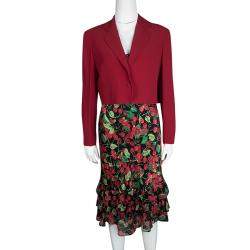 Pre Owned Moschino Couture Multicolor Cherry Print Bottom Ruffle Detail Dress and Blazer Set M