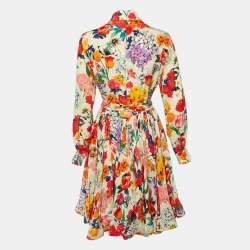 Pre Owned Moschino Multicolor Floral Print Silk Button Front Flared Dress M