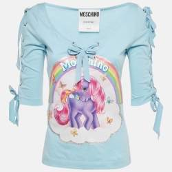 Pre Owned Moschino Couture Blue My Little Pony Print Jersey Lace-Up Top S