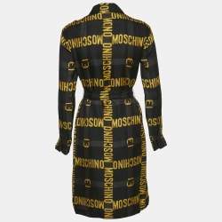 مملوكة مسبقًا Moschino Couture Black Logo Printed Silk Belted Shirt Dress S
