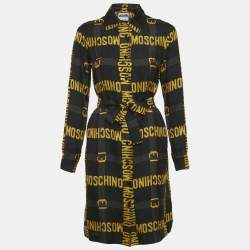 مملوكة مسبقًا Moschino Couture Black Logo Printed Silk Belted Shirt Dress S