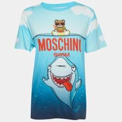 Pre Owned Moschino Swim Blue Gradient Teddy and Shark Print Jersey T-Shirt S