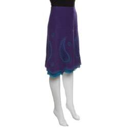 Pre Owned Moschino Purple Wool Cutout Paisley and Floral Motif Detail Skirt M