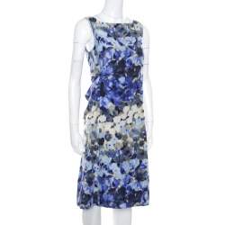 Moschino Blue Floral Printed Linen Silk Bateau Neck Shift Dress S