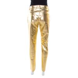 Pre Owned Moschino Couture Metallic Gold Cotton Stretch Tapered Jeans M