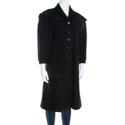 Moschino Black Wool Ruffled Trim Rosette Applique Button Front Long Coat M