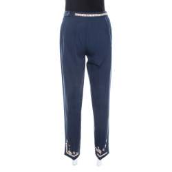 Moschino Navy Blue Cotton Embroidered Embellished Detail Fitted Trousers M 