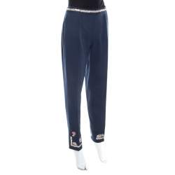 Moschino Navy Blue Cotton Embroidered Embellished Detail Fitted Trousers M 