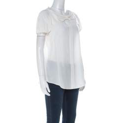 Moschino Cream Silk Crepe de Chine Bow Detail Short Sleeve Blouse L