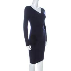 Pre Owned Moschino Navy Blue Rib Knit Wrap Bodice Long Sleeve Midi Dress S