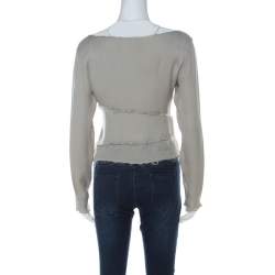 Pre Owned Moschino Couture Sage Green Textured Silk Long Sleeve Cropped Top M