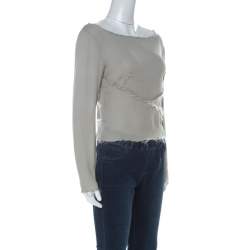 Pre Owned Moschino Couture Sage Green Textured Silk Long Sleeve Cropped Top M