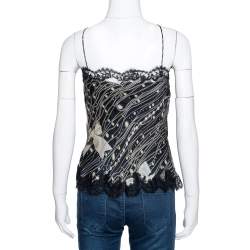 Pre Owned Moschino Black Printed Silk Bow Detail Lace Trim Sheer Camisole M