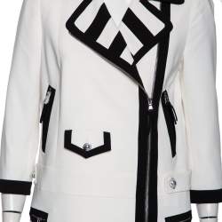 Pre Owned Moschino White Crepe Contrast Trim Detail Zip Front Coat M