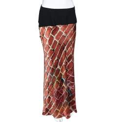 Pre Owned Moschino Couture Brown Brick Printed Silk Peace Graffiti Detail Maxi Skirt L 