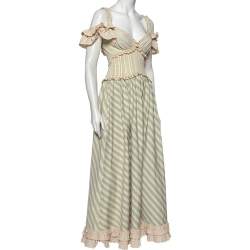 Pre Owned Moschino Cream & Blue Striped Cotton Lace Trim Detailed Flared Maxi Dress S