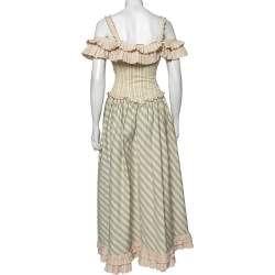 Pre Owned Moschino Cream & Blue Striped Cotton Lace Trim Detailed Flared Maxi Dress S