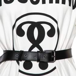 Pre Owned Moschino White Jersey Double Question Mark Logo Print Belted T-Shirt Dress S