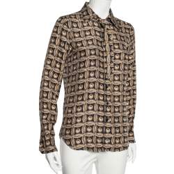 Pre Owned Moschino Gold Printed Silk Neck Tie Detail Button Front Shirt M