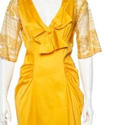 Pre Owned Moschino Yellow Cotton And Lace Sleeve Bow Detail Midi Dress M