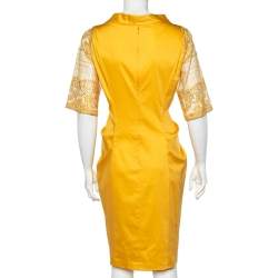 Pre Owned Moschino Yellow Cotton And Lace Sleeve Bow Detail Midi Dress M