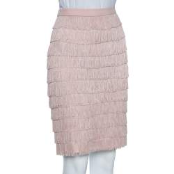 Pre Owned Moschino Pale Pink Crepe Fringed Pencil Skirt S