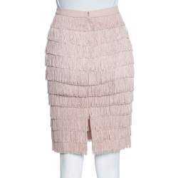 Pre Owned Moschino Pale Pink Crepe Fringed Pencil Skirt S